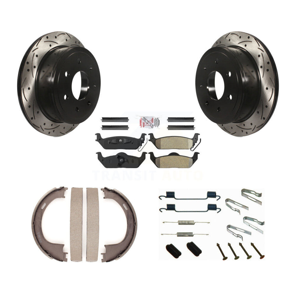 Rear Disc Drilled & Slotted Rotors Semi-Metallic Pads Parking Shoes Hardware Kit For Ford KDA-103630