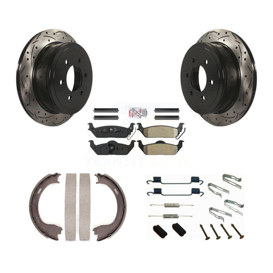 Rear Disc Drilled & Slotted Rotors Semi-Metallic Pads Parking Shoes And Hardware Kit For KDA-103632
