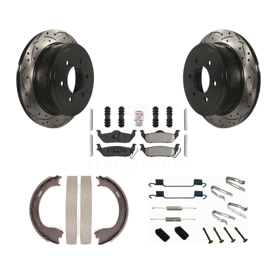 Rear Disc Drilled & Slotted Rotors Semi-Metallic Pads Parking Shoes And Hardware Kit For KDA-103633