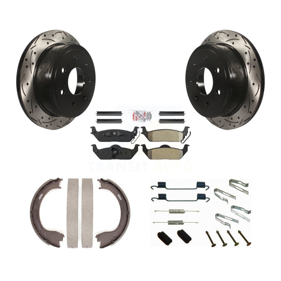 Rear Disc Drilled & Slotted Rotors Semi-Metallic Pads Parking Shoes And Hardware Kit For KDA-103634