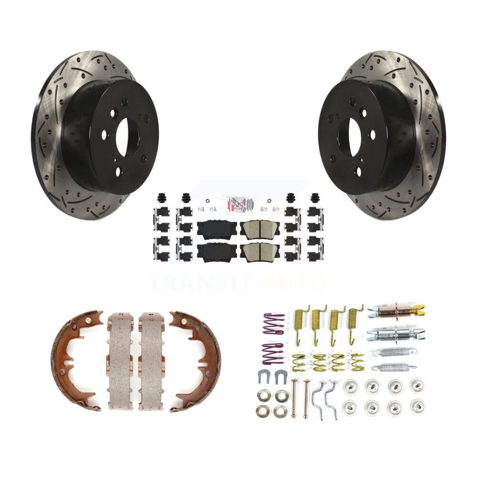 Rear Disc Drilled & Slotted Rotors Ceramic Pads Parking Shoes And Hardware Kit For Toyota KDA-103636
