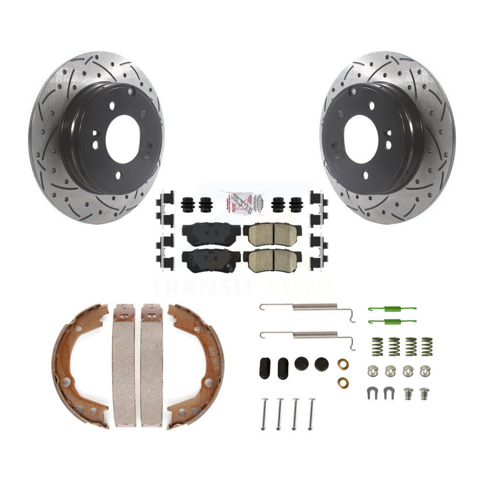 Rear Disc Drilled & Slotted Rotors Ceramic Pads Parking Brake Shoes And Hardware Kit For KDA-103638