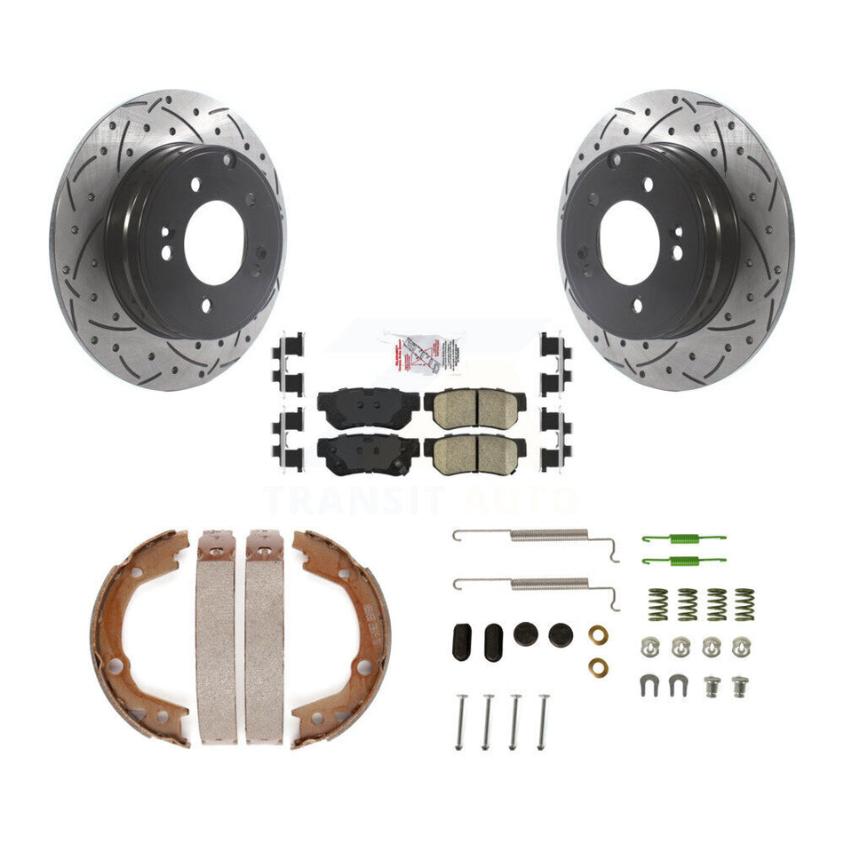 Rear Disc Drilled & Slotted Rotors Ceramic Pads Parking Brake Shoes And Hardware Kit For KDA-103639