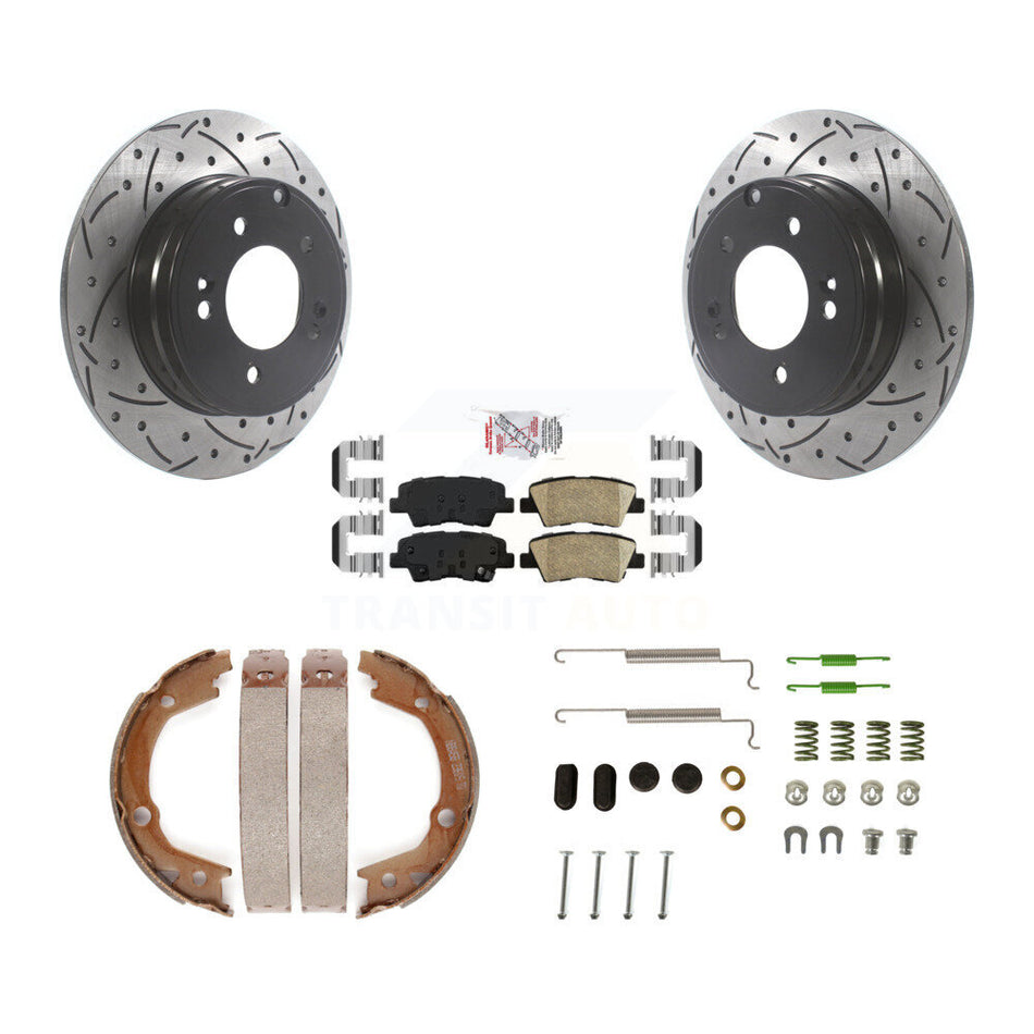 Rear Disc Drilled & Slotted Rotors Ceramic Pads Parking Brake Shoes And Hardware Kit For KDA-103640