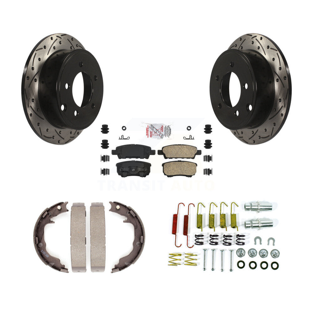 Rear Disc Drilled & Slotted Rotors Ceramic Pads Parking Shoes Hardware Kit For Jeep Dodge KDA-103642