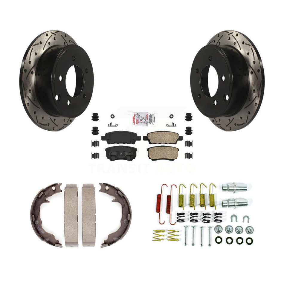 Rear Disc Drilled & Slotted Rotors Ceramic Pads Parking Shoes Hardware Kit For Jeep Dodge KDA-103642