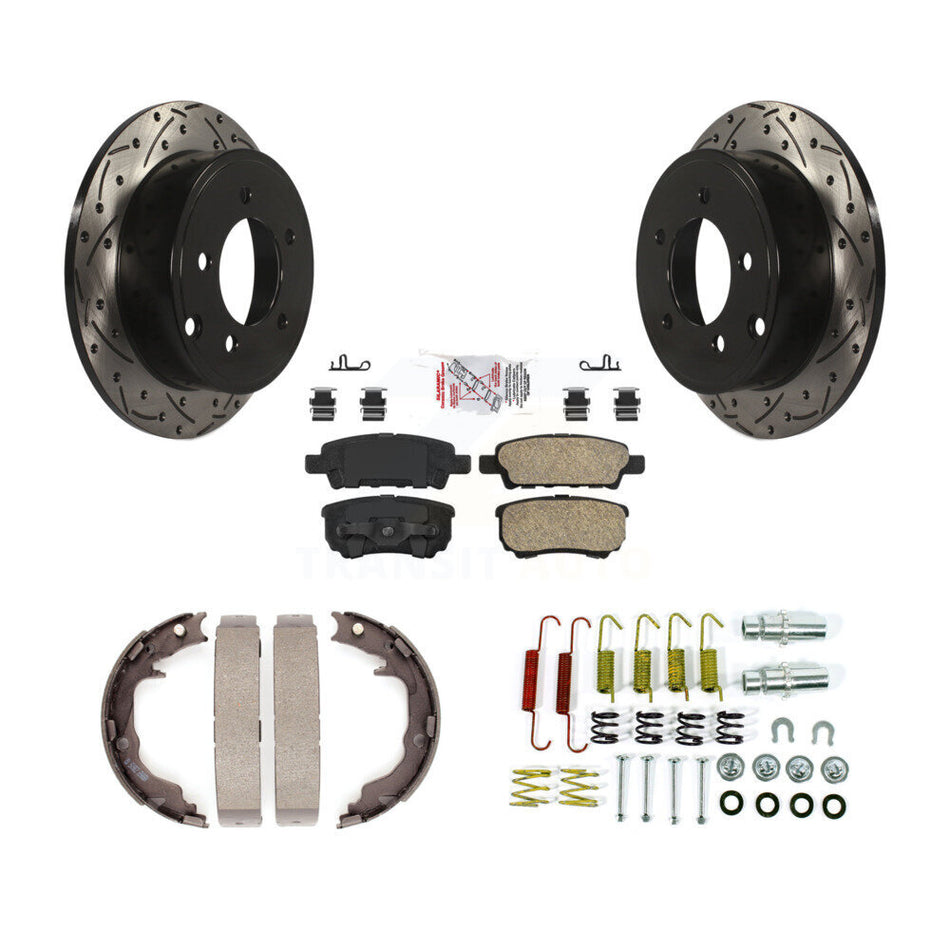 Rear Disc Drilled & Slotted Rotors Ceramic Pads Parking Shoes Hardware Kit For Jeep Dodge KDA-103643