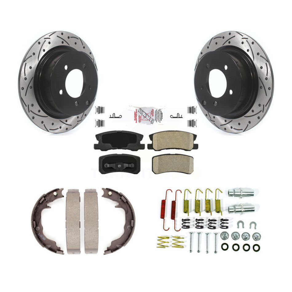 Rear Disc Drilled & Slotted Rotors Ceramic Pads Parking Shoes Hardware Kit For Jeep Dodge KDA-103644