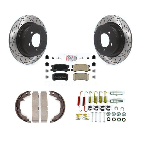 Rear Disc Drilled & Slotted Rotors Ceramic Pads Parking Shoes Hardware Kit For Jeep Dodge KDA-103645