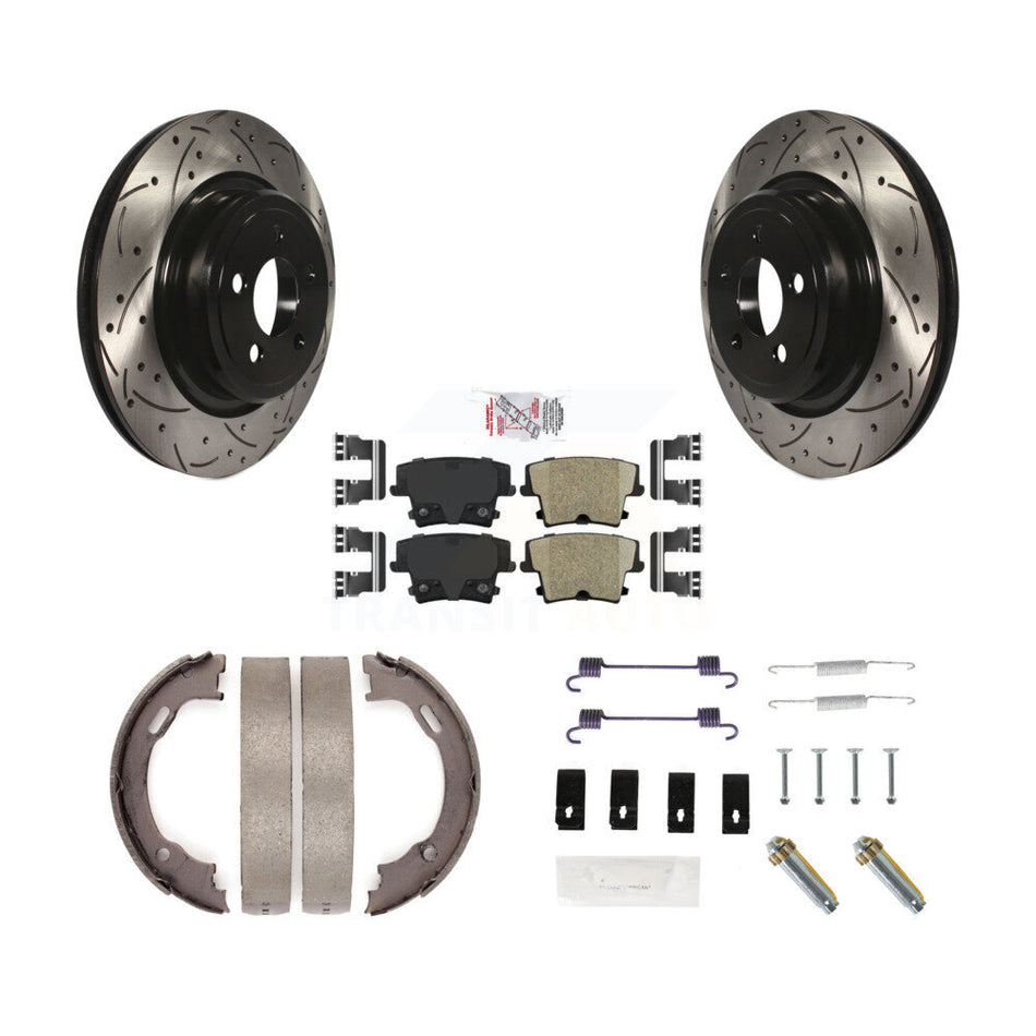 Rear Disc Drilled & Slotted Rotors Ceramic Pads Parking Shoes And Hardware Kit For Dodge KDA-103657