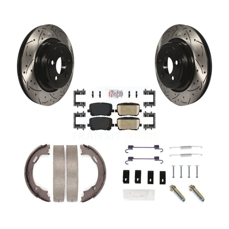 Rear Disc Drilled & Slotted Rotors Ceramic Pads Parking Brake Shoes And Hardware Kit For KDA-103658
