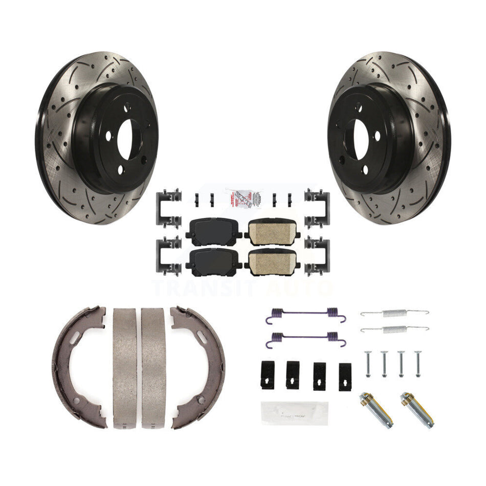 Rear Disc Drilled & Slotted Rotors Ceramic Pads Parking Brake Shoes And Hardware Kit For KDA-103659
