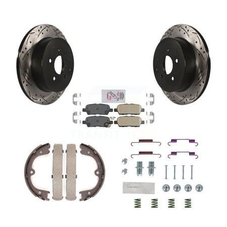 Rear Disc Drilled & Slotted Rotors Ceramic Pads Parking Shoes Hardware Kit For Nissan Q50 KDA-103662