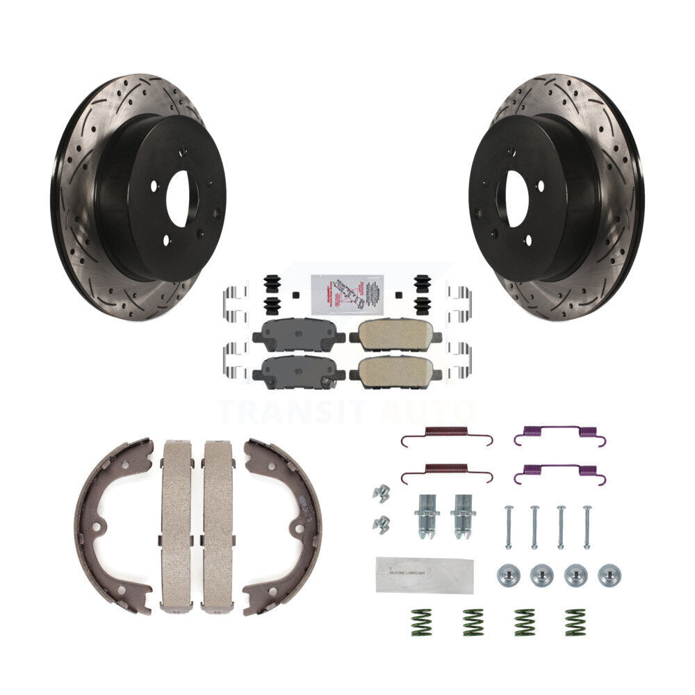 Rear Disc Drilled & Slotted Rotors Ceramic Pads Parking Shoes Hardware Kit For Nissan Q50 KDA-103663