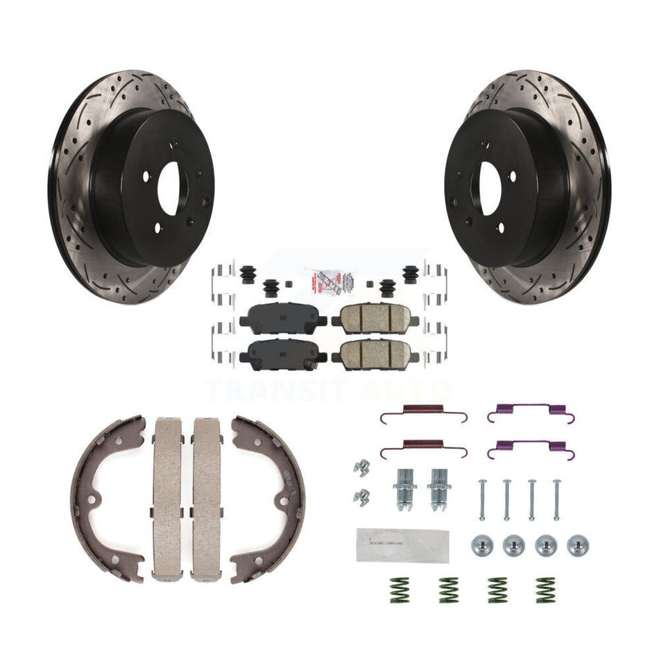 Rear Disc Drilled & Slotted Rotors Ceramic Pads Parking Shoes And Hardware Kit For Nissan KDA-103672
