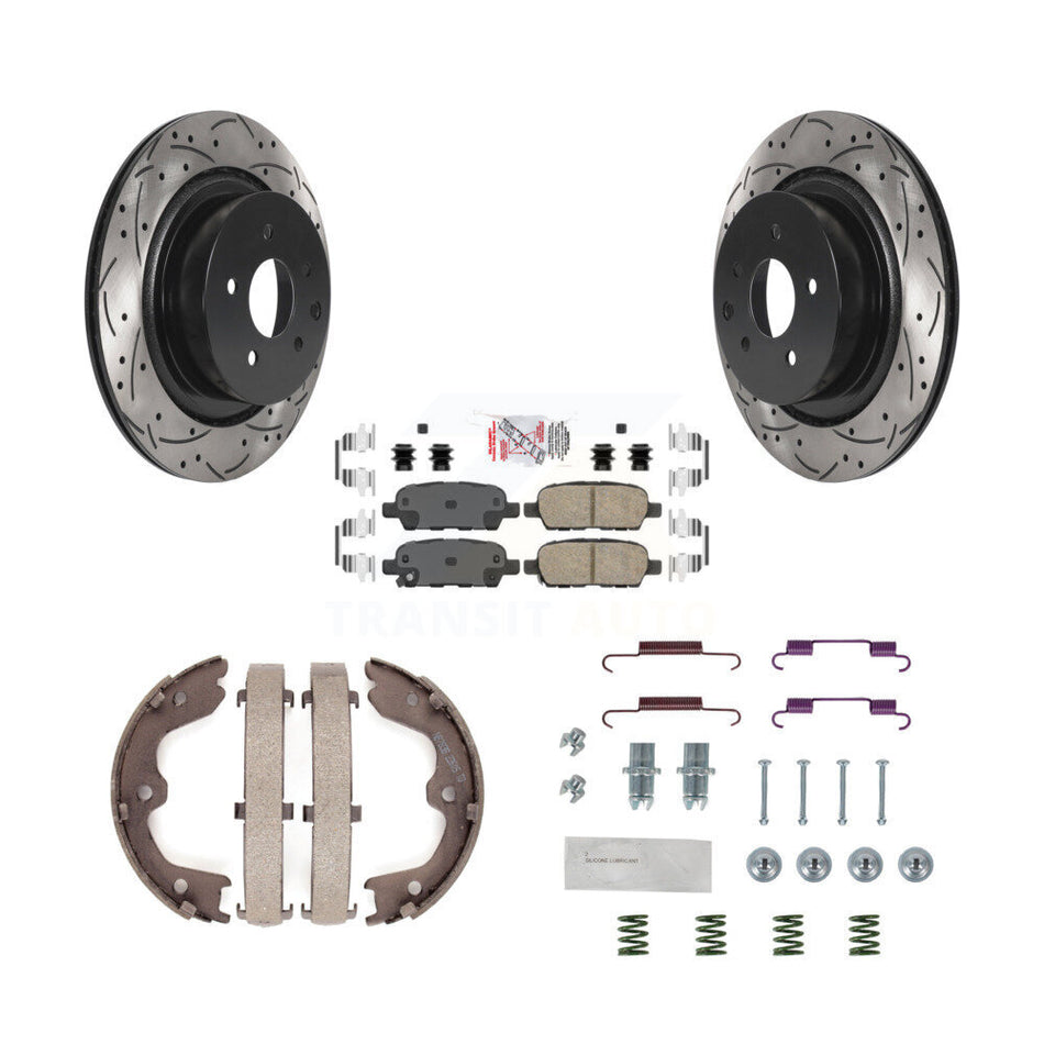 Rear Disc Drilled & Slotted Rotors Ceramic Pads Parking Shoes Hardware Kit For INFINITI KDA-103673