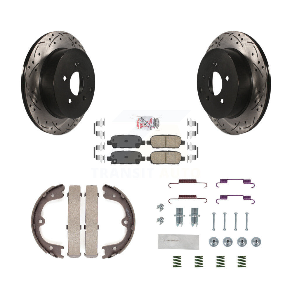 Rear Disc Drilled & Slotted Rotors Ceramic Pads Parking Brake Shoes And Hardware Kit For KDA-103676