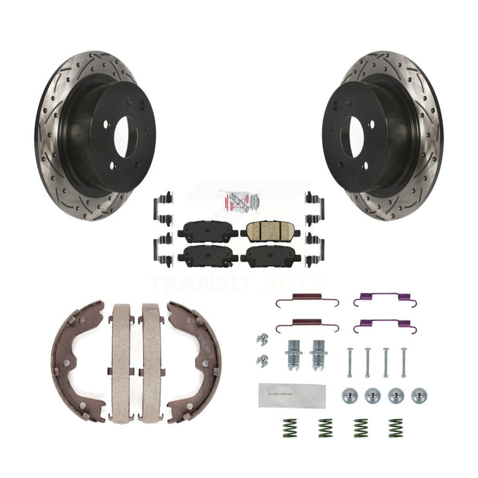 Rear Disc Drilled & Slotted Rotors Ceramic Pads Parking Shoes And Hardware Kit For Nissan KDA-103677