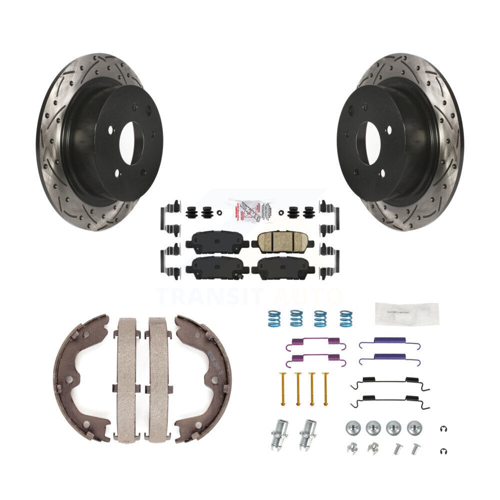 Rear Disc Drilled & Slotted Rotors Ceramic Pads Parking Brake Shoes And Hardware Kit For KDA-103680