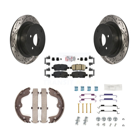 Rear Disc Drilled & Slotted Rotors Ceramic Pads Parking Brake Shoes And Hardware Kit For KDA-103680