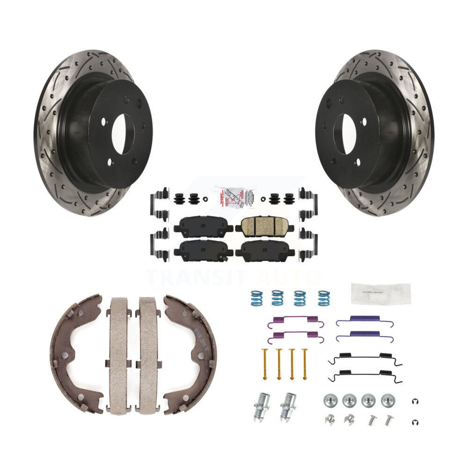 Rear Disc Drilled & Slotted Rotors Ceramic Pads Parking Brake Shoes And Hardware Kit For KDA-103680