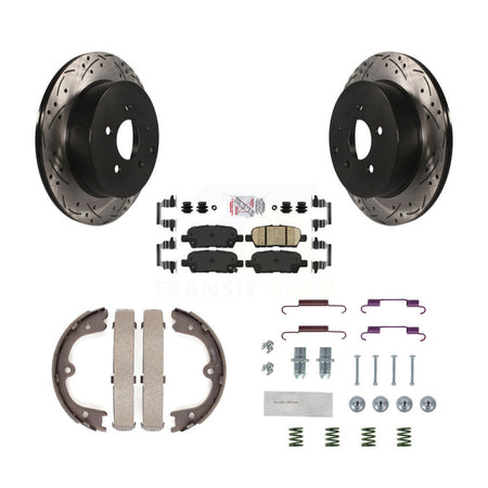 Rear Disc Drilled & Slotted Rotors Ceramic Pads Parking Shoes Hardware Kit For Nissan Q50 KDA-103682