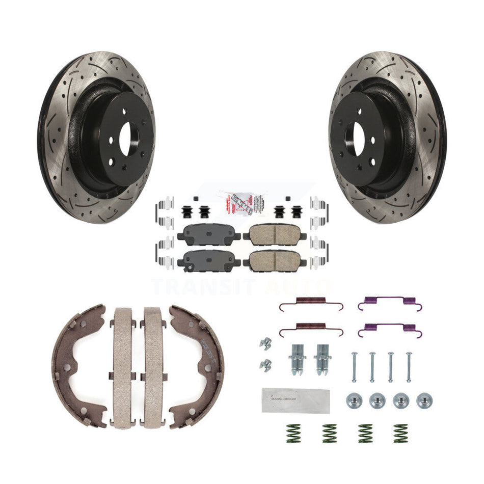 Rear Disc Drilled & Slotted Rotors Ceramic Pads Parking Brake Shoes And Hardware Kit For KDA-103683