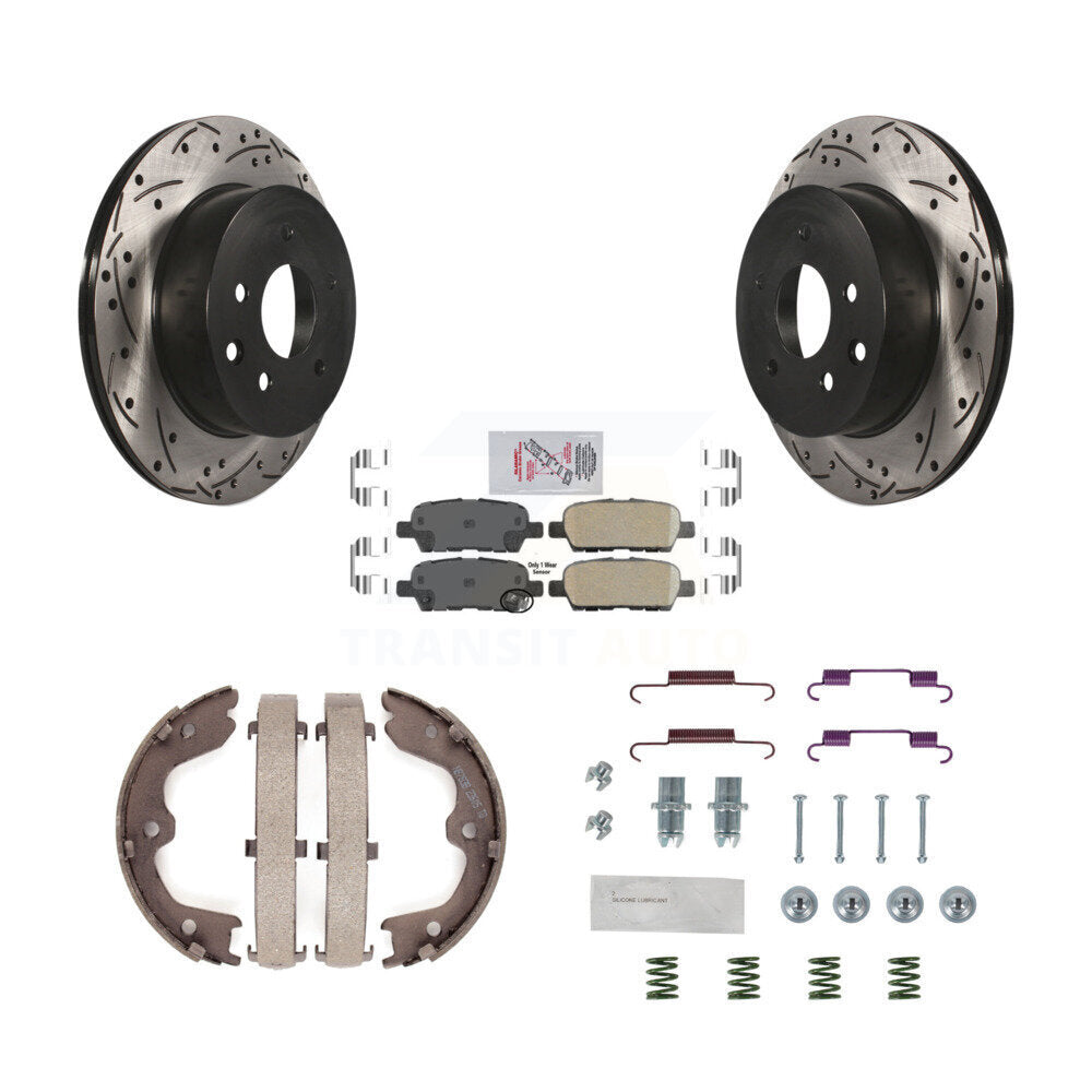 Rear Disc Drilled & Slotted Rotors Ceramic Pads Parking Shoes Hardware Kit For INFINITI KDA-103690