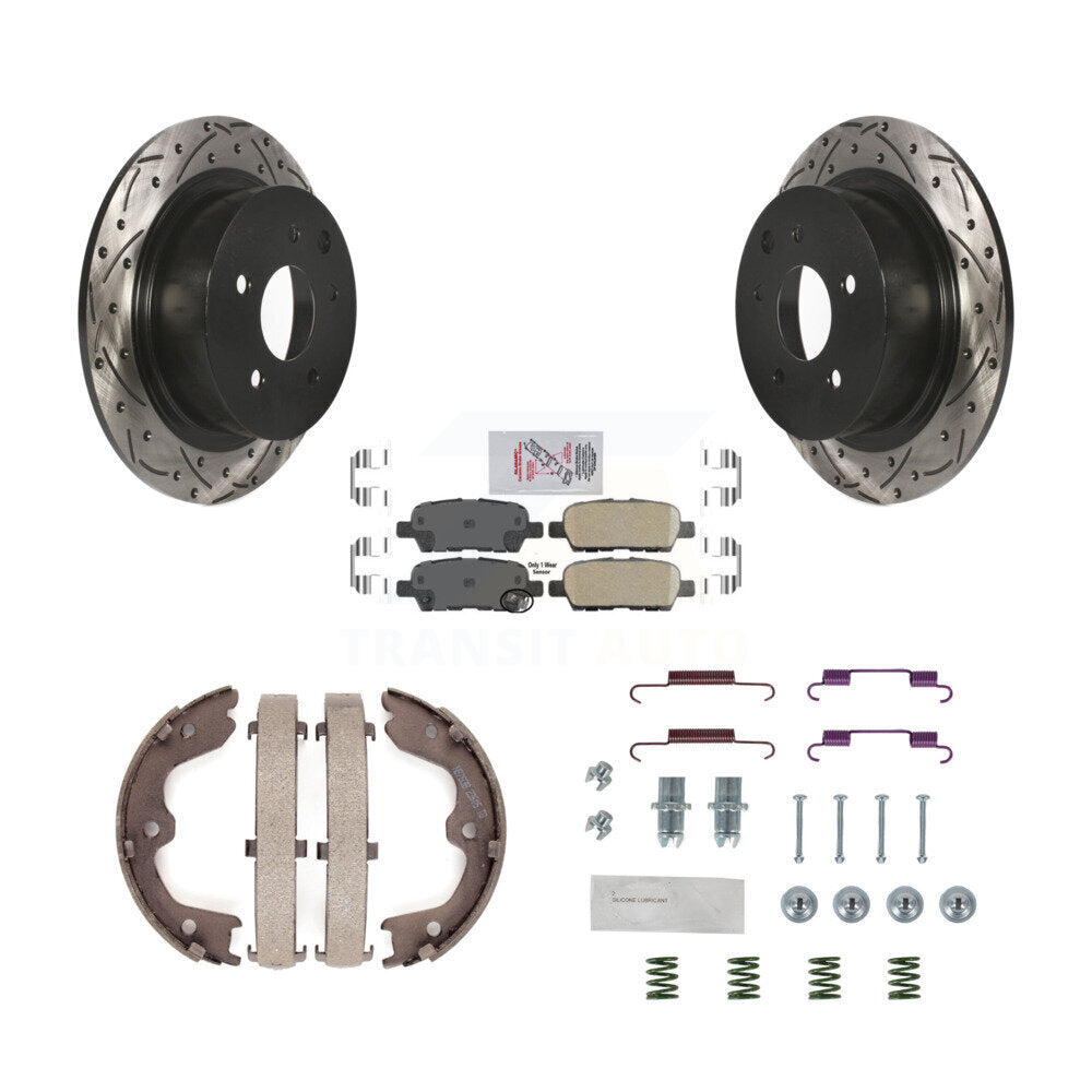 Rear Disc Drilled & Slotted Rotors Ceramic Pads Parking Shoes And Hardware Kit For Nissan KDA-103692