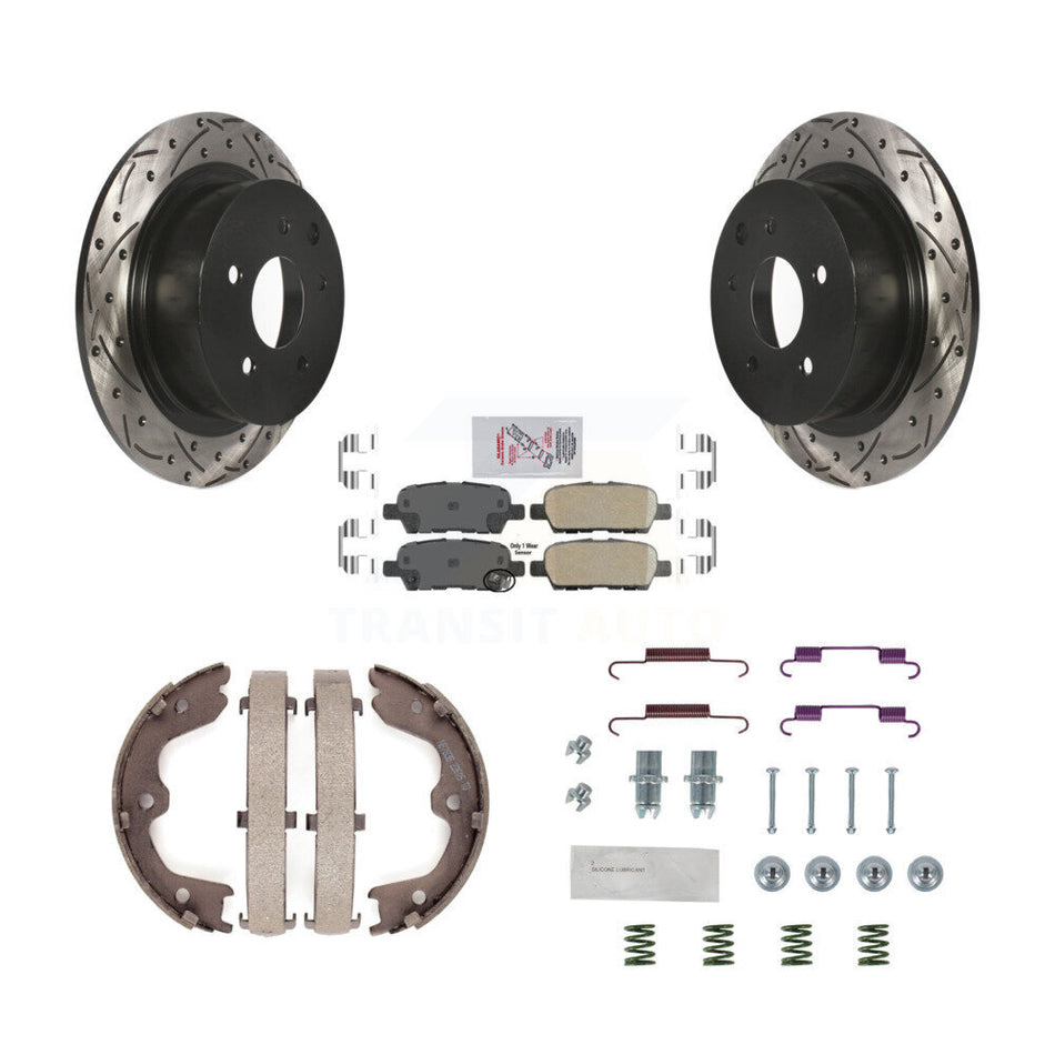 Rear Disc Drilled & Slotted Rotors Ceramic Pads Parking Shoes And Hardware Kit For Nissan KDA-103692