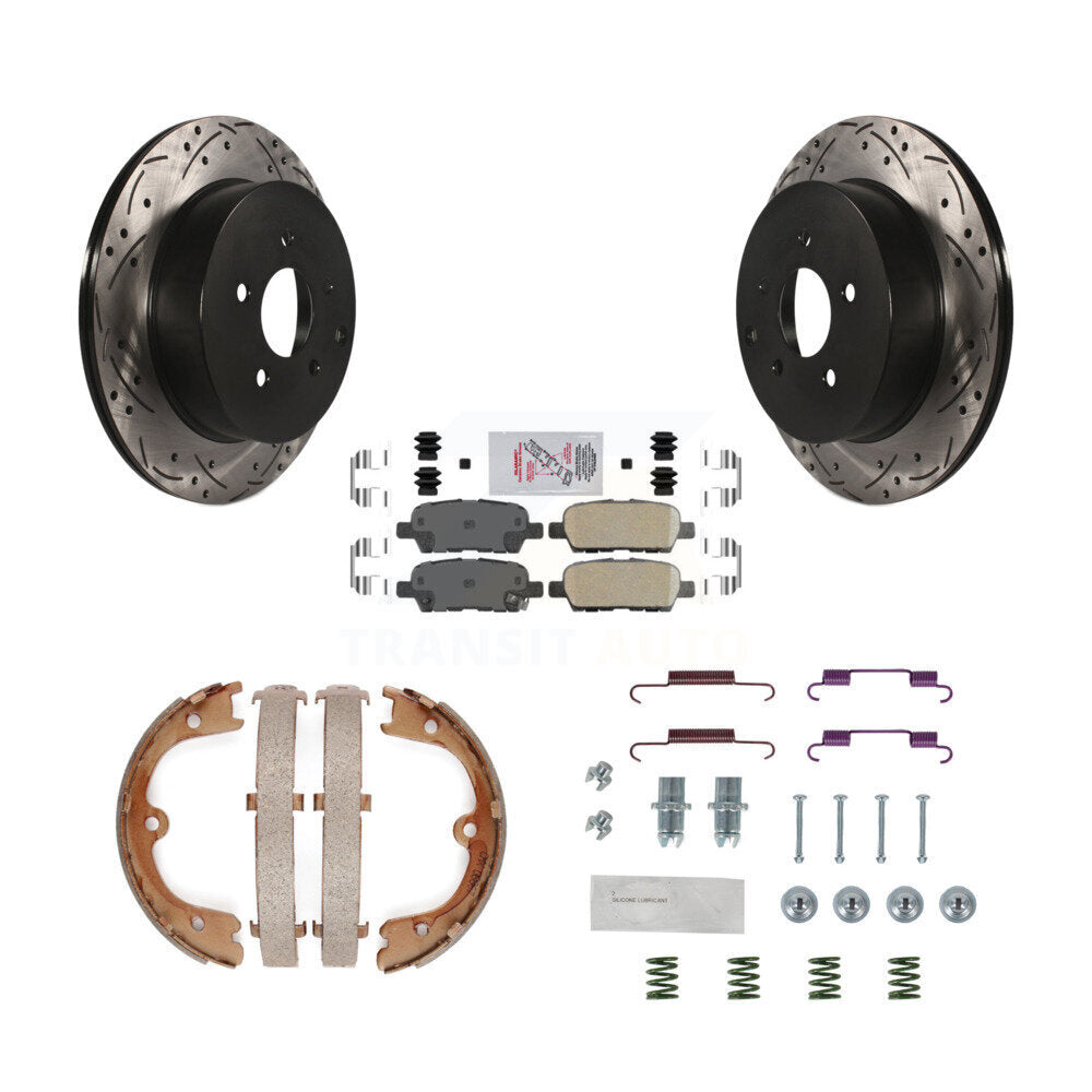 Rear Disc Drilled & Slotted Rotors Ceramic Pads Parking Shoes Hardware Kit For INFINITI KDA-103695