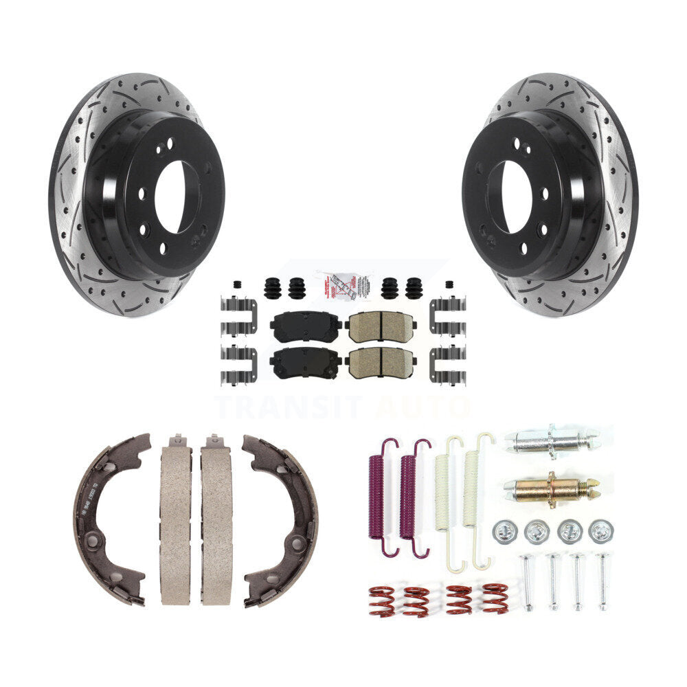 Rear Disc Drilled & Slotted Rotors Ceramic Pads Parking Brake Shoes And Hardware Kit For KDA-103699