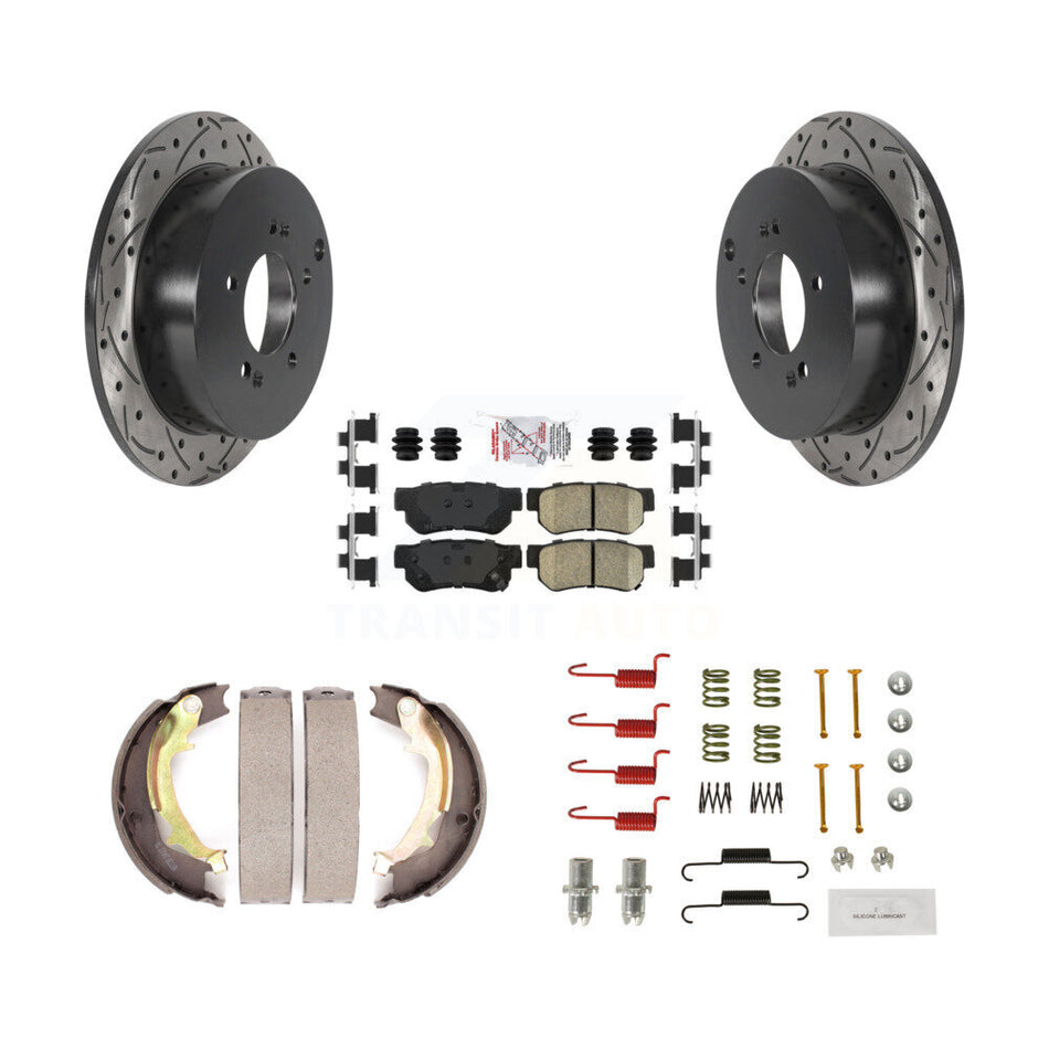 Rear Disc Drilled & Slotted Rotors Ceramic Pads Parking Shoes Hardware Kit For Hyundai KDA-103701