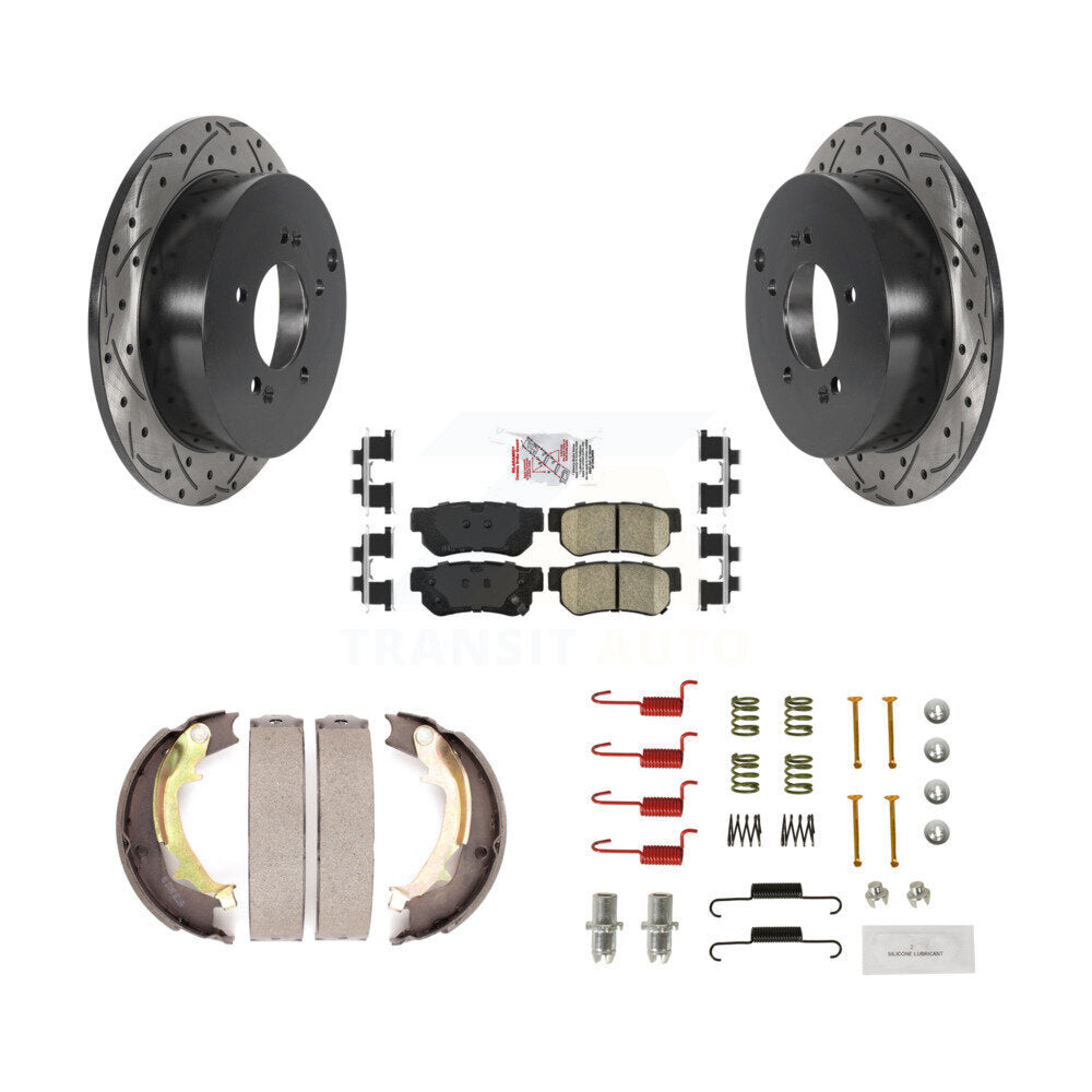 Rear Disc Drilled & Slotted Rotors Ceramic Pads Parking Shoes Hardware Kit For Hyundai KDA-103702
