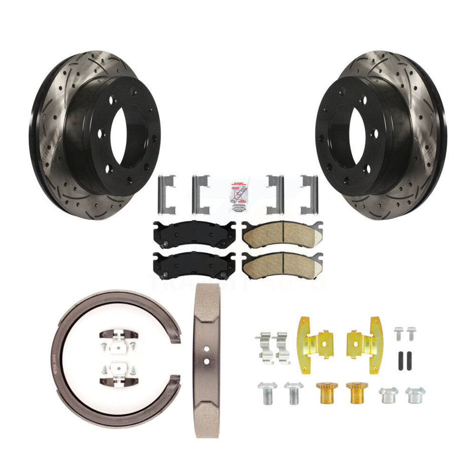 Rear Disc Drilled & Slotted Rotors Ceramic Pads Parking Shoes Hardware Kit For Chevrolet KDA-103703
