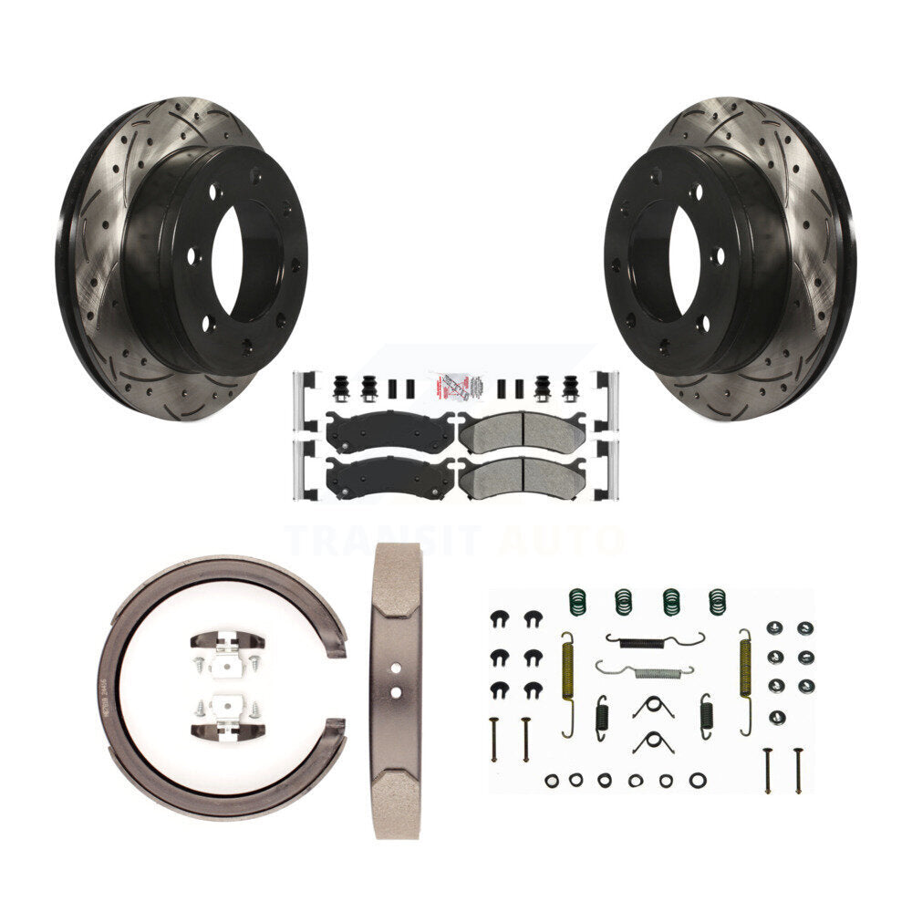 Rear Disc Drilled & Slotted Rotors Semi-Metallic Pads Parking Shoes Hardware Kit For 1500 KDA-103704