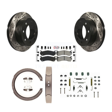 Rear Disc Drilled & Slotted Rotors Semi-Metallic Pads Parking Shoes Hardware Kit For 1500 KDA-103704