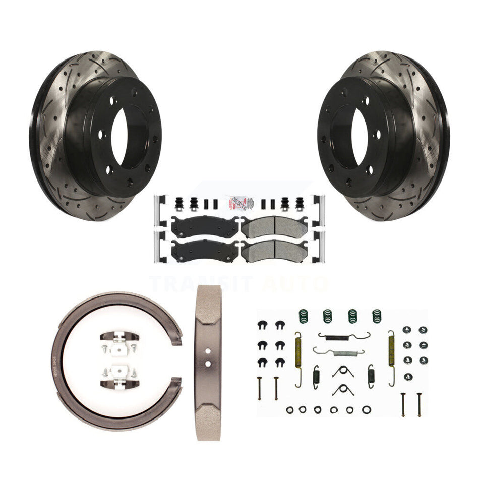 Rear Disc Drilled & Slotted Rotors Semi-Metallic Pads Parking Shoes Hardware Kit For 1500 KDA-103704