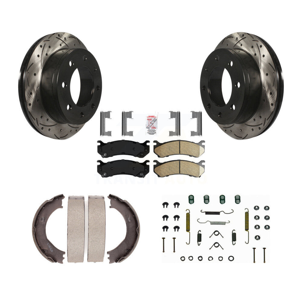 Rear Disc Drilled & Slotted Rotors Ceramic Pads Parking Shoes Hardware Kit For Chevrolet KDA-103705