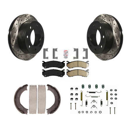 Rear Disc Drilled & Slotted Rotors Ceramic Pads Parking Shoes Hardware Kit For Chevrolet KDA-103705