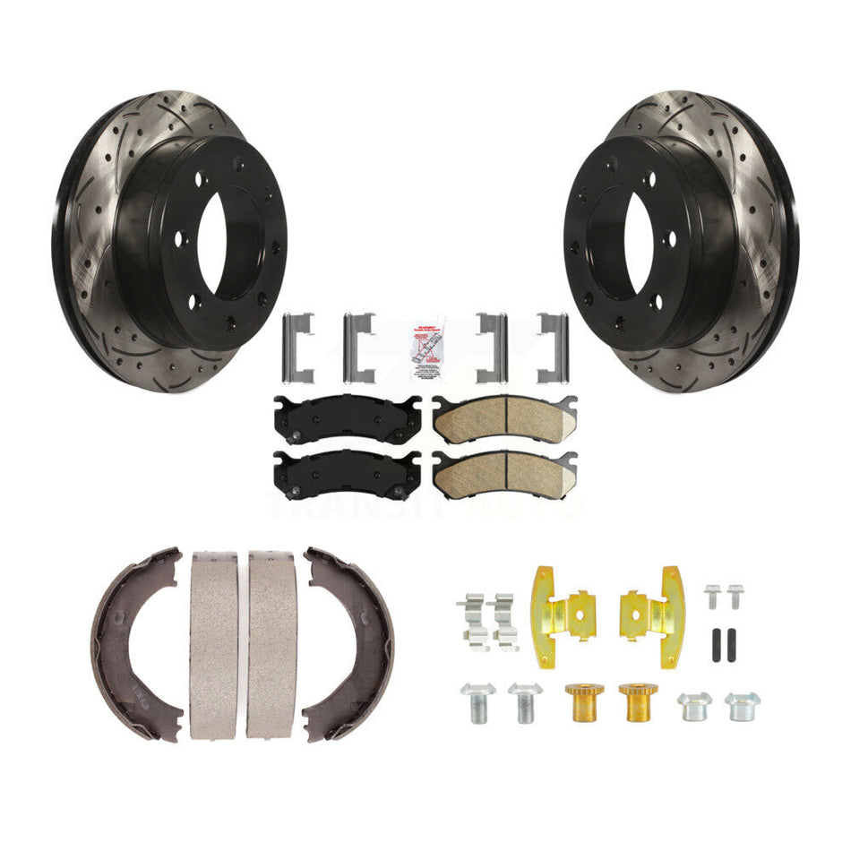 Rear Disc Drilled & Slotted Rotors Ceramic Pads Parking Shoes Hardware Kit For Chevrolet KDA-103705