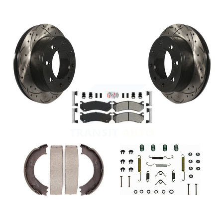 Rear Disc Drilled & Slotted Rotors Semi-Metallic Pads Parking Shoes Hardware Kit For GMC KDA-103706