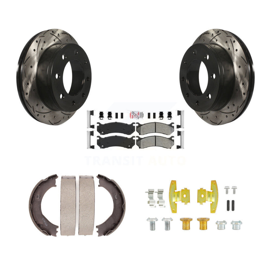Rear Disc Drilled & Slotted Rotors Semi-Metallic Pads Parking Shoes Hardware Kit For GMC KDA-103706