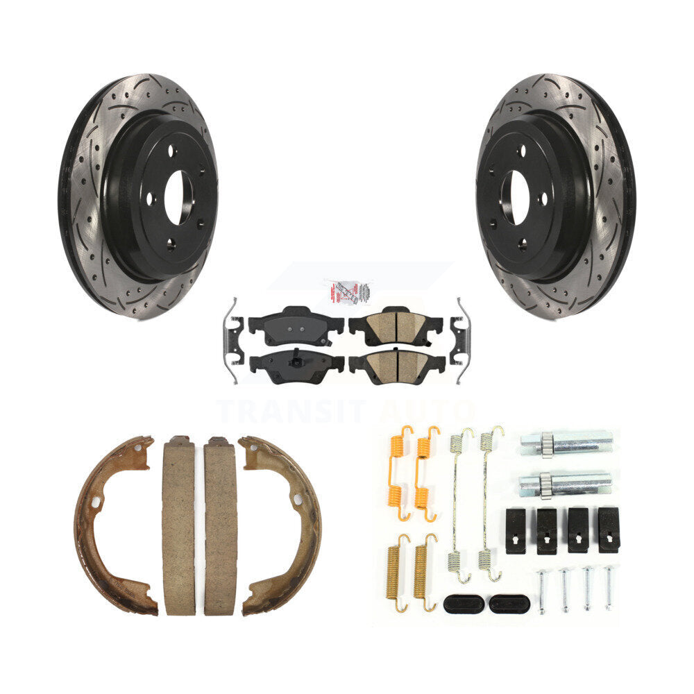 Rear Disc Drilled & Slotted Rotors Ceramic Pads Parking Shoes Hardware Kit For Jeep Grand KDA-103707