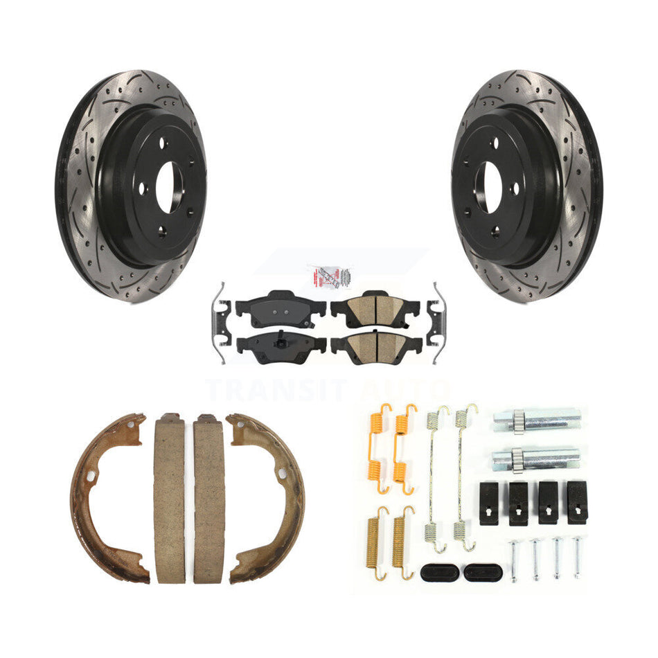 Rear Disc Drilled & Slotted Rotors Ceramic Pads Parking Shoes Hardware Kit For Jeep Grand KDA-103707
