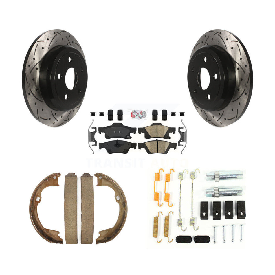 Rear Disc Drilled & Slotted Rotors Ceramic Pads Parking Shoes Hardware Kit For Dodge Jeep KDA-103710