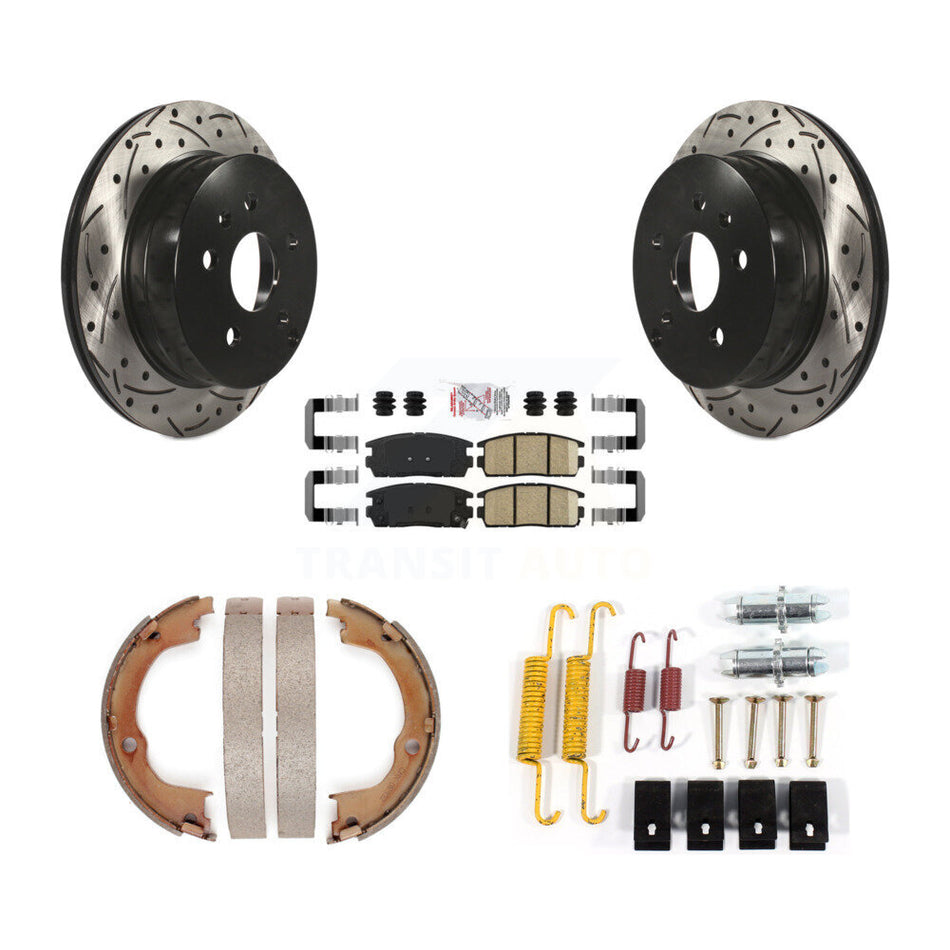 Rear Disc Drilled & Slotted Rotors Ceramic Pads Parking Shoes Hardware Kit For Chevrolet KDA-103716