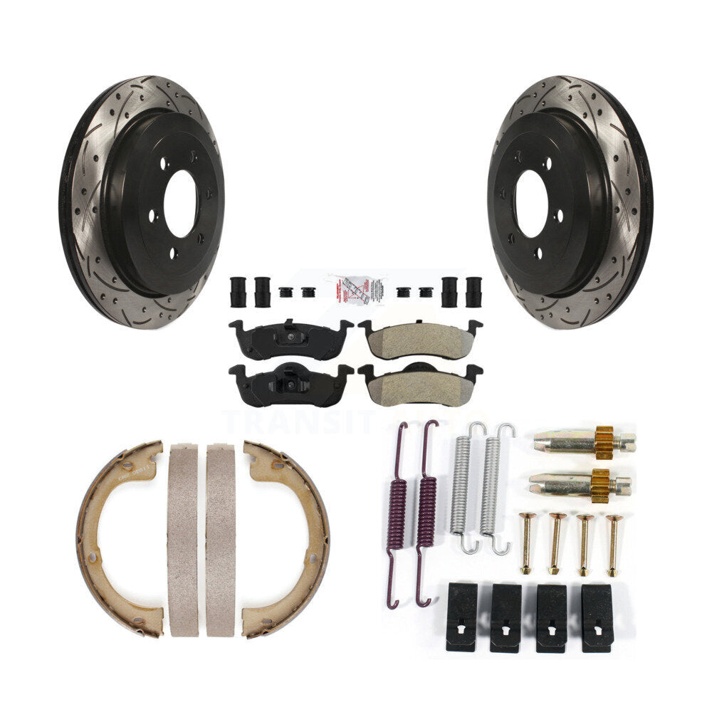 Rear Disc Drilled & Slotted Rotors Semi-Metallic Pads Parking Shoes Hardware Kit For Ford KDA-103718