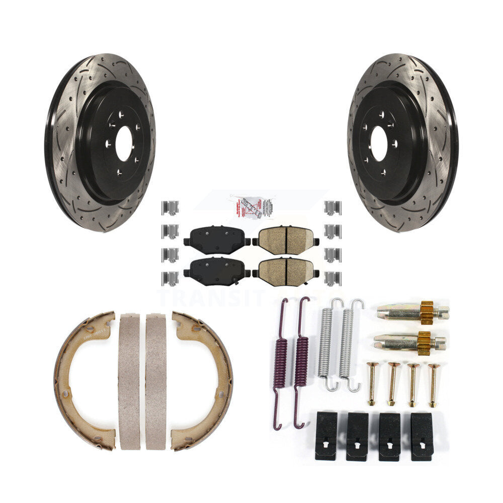 Rear Disc Drilled & Slotted Rotors Ceramic Pads Parking Brake Shoes And Hardware Kit For KDA-103721