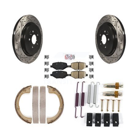 Rear Disc Drilled & Slotted Rotors Ceramic Pads Parking Brake Shoes And Hardware Kit For KDA-103721